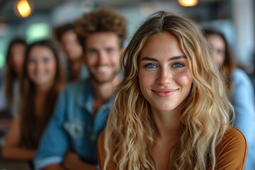 Obraz premium A sitting, smiling blonde woman taking a joyful selfie with a diverse group of friends indoors.
