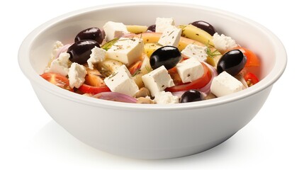 Mediterranean Melange: A Wholesome Blend of Olives, Tomatoes, and Feta in a White Bowl