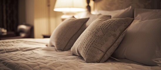 Vintage light filters adorn a beautiful luxury pillow on a bed, enhancing the ambiance of the bedroom.