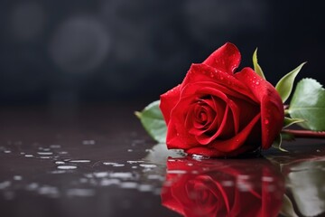 Red rose in romantic rain background with copy space. Beautiful moody red rose with water droplets on black reflective surface. Dramatic rose against black background with water droplets on petals