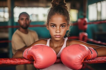 A determined young boxer prepares to enter the ring, her red gloves symbolizing her passion and strength for the intense sport of boxing