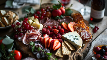 An appetizer board with cured crackers, meats, cheese, and strawberries is arranged in a sophisticated manner for Valentine's Day. generative AI