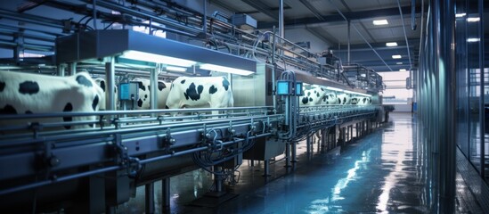 A cow in process of being milked by a robotic machine modern