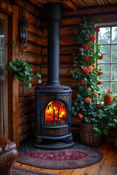 cast-iron stove in a rustic house with a fire lit inside to heat the house