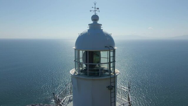 Cinematic aerial shot of lighthouse at Cape Chikyu in Muroran City in Hokkaido, Japan