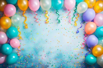 Vibrant and festive, a cluster of balloons and confetti add a playful touch to any celebration - obrazy, fototapety, plakaty