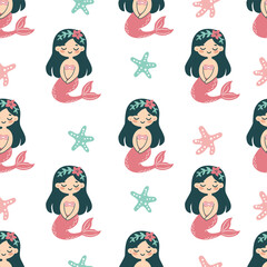 Seamless vector pattern in children's style. Cute mermaid and starfish on white background . Vector illustration