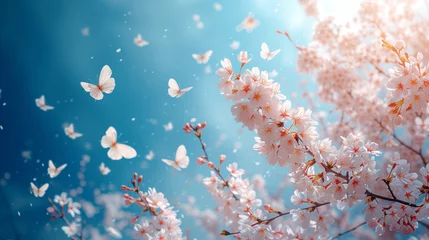 Gordijnen 桜の花とピンクの蝶々 © JIN KANSA