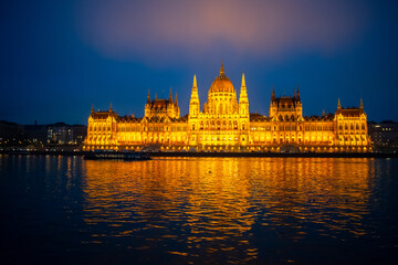 Parliament building in Budapest, Hungary at Night. Danube river and City at night