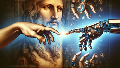 AI symbiosis showcased with a human hand engaging a smart robot, Artificial Intelligence epitomizes technology's peak, AI-driven innovation marks a new era in human-AI interaction.