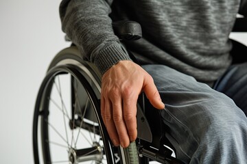 Obraz premium Male hand on wheelchair on white background