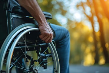 Obraz premium Male hand on wheelchair in the park with sunlights