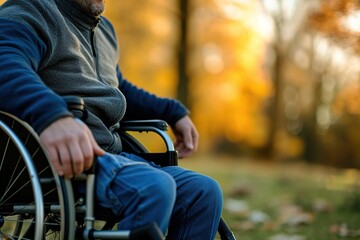 Obraz premium Male hand on wheelchair in the park with sunlights