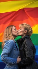 Obraz premium Lesbian couple kissing in front of the LGBT flag. Rainbow.