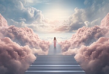 a woman walking up stairs to the sky - Powered by Adobe