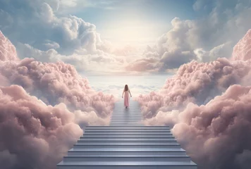 Foto op Canvas a woman walking up stairs to the sky © ion