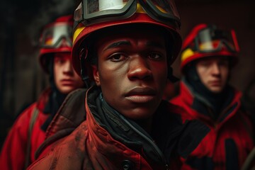 Portrait of firefighter team in uniform and helmet