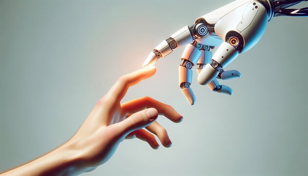 AI bridges the gap between human and smart robot, illustrating the profound Artificial Intelligence within technology, and the advanced human-AI interaction driven by AI