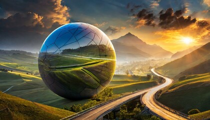 A huge ball reflects a stunning landscape with mountains - obrazy, fototapety, plakaty