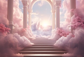 a stairway leading to a cloud - obrazy, fototapety, plakaty