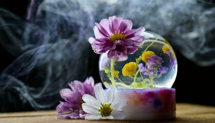 A nice pleasant, joyful fantasy artistic still-life with paints, soap bubbles, and flowers	