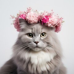 beautiful gray cat in a crown of pink flowers hd wallpaper