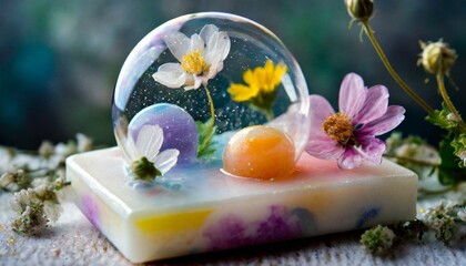 A bar of hand-made soap with colorful flowers and soap bubble