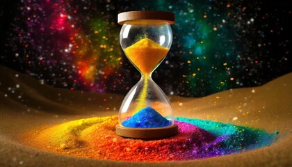 Sand clock with colorful sand. Rainbow