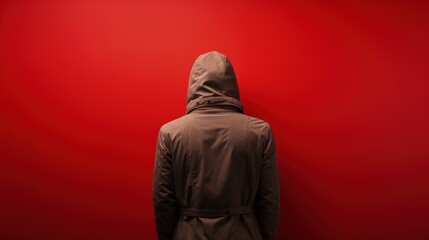 The image shows the back of an individual wearing a dark hoodie, standing before a smooth, rich red backdrop that fills the frame with a moody and intense color. The subject's pose and the plain backg