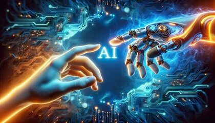 AI shapes the future as a smart robot hand meets human, Artificial Intelligence drives technology, highlighting human-AI connection, AIâ€™s intelligence in every interaction.