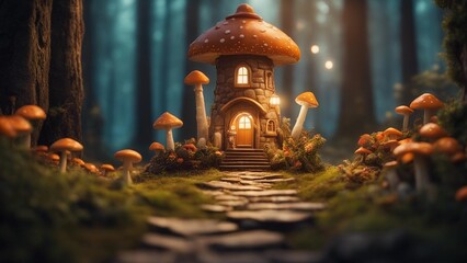 A fantasy lighthouse in a fairy tale forest, with mushrooms, flowers,  