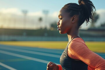 A determined woman, her face set with determination, races against the vibrant blue sky on an outdoor track, her athletic clothing flowing behind her as she embodies the strength and grace of a true 