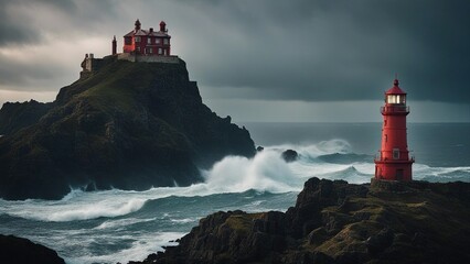 lighthouse on the coast of state A scary lighthouse on a rocky cliff, overlooking a stormy sea. The lighthouse is old and rusty,  