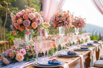 Fototapeta na wymiar Indoor elegance meets outdoor charm as a stunning floral centerpiece takes center stage on a table adorned with delicate cut flowers, rose-filled vases, and elegant tableware