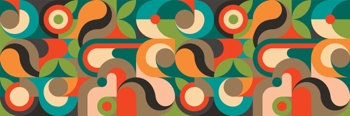 Geometric seamless pattern with abstract shapes.Colorful background or texture with circles, arches,smooth curves.Green,blue,yellow,orange,  brown colors.Print on fabric and paper.Vector illustration.