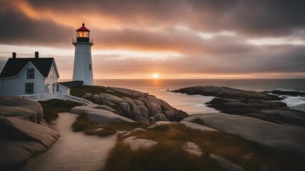 lighthouse at sunset While traveling, I visted Peggy`s Cove Lighthouse near Halifax,   for a beautiful sunset   - obrazy, fototapety, plakaty