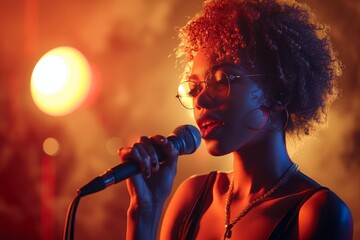 A captivating music artist serenades the outdoor concert crowd with her soulful voice, while...