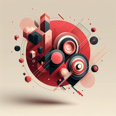 Fototapeta premium Abstract music background with speakers, arrows, circles and geometric shapes, vibrant colors, red patter, banner element