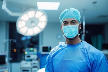 A masked surgeon stands ready in a sterile operating theater, surrounded by medical equipment and clad in blue scrubs, preparing to perform a life-saving procedure for their patient