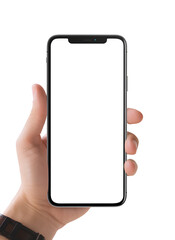 Modern smartphone with transparent screen in hand on transparent background.
