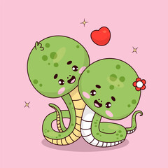 Couple cute snake in love. Romantic reptile girl and boy with heart kawaii characters. Vector illustration.