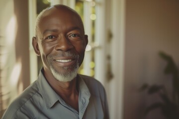 Obraz premium Smiling senior black man posing inside a room looking at the camera