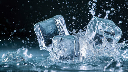 Ice cubes falling with water drop splash isolated on dark background