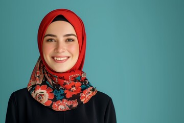 Studio shot of a smiling muslim young woman wearing a hijab on a flat colored background