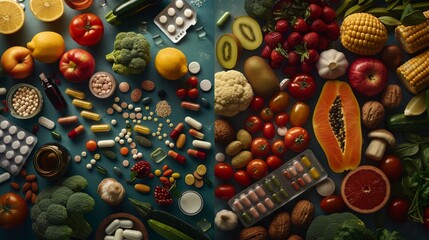 Nutrition vs Medication: A Healthcare Concept with Fruits, Vegetables, and Pills - obrazy, fototapety, plakaty