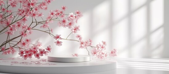A pale white podium featuring a vibrant cherry blossom tree decorated with delicate pink petals and magenta blooms, creating an artistic backdrop for any event.