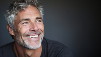 Obraz premium Handsome middle age man happy face smiling looking at the camera, mature age man with gray hair, Isolated on black background, copy space.
