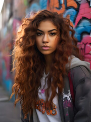 Portrait of a Latina girl with long ginger wavy hair standing in front of a wall with graffiti, wearing casual clothes.