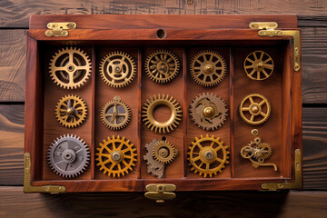 A wall-mounted wooden case showcasing a collection of vintage, rustic gears, reflecting the history of mechanical engineering.