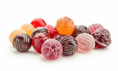 Obraz premium A close-up image showcasing a variety of colorful, intricately designed hard candies isolated on a white background.